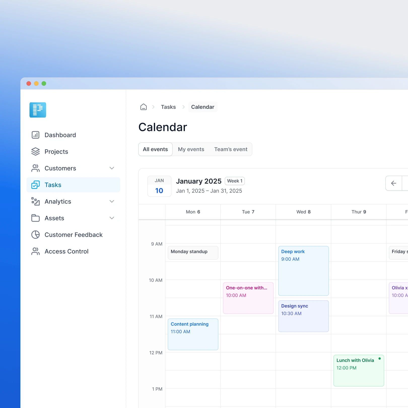 Teams can switch to calendar view to track deadlines and schedules. The same tasks appear in a timeline format for better planning and coordination.