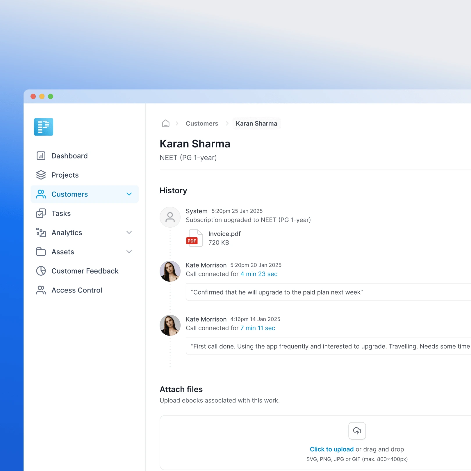 All customer information in one place. Sales, Marketing, and Support can see lead activity, upload files, and assign tasks without switching apps.